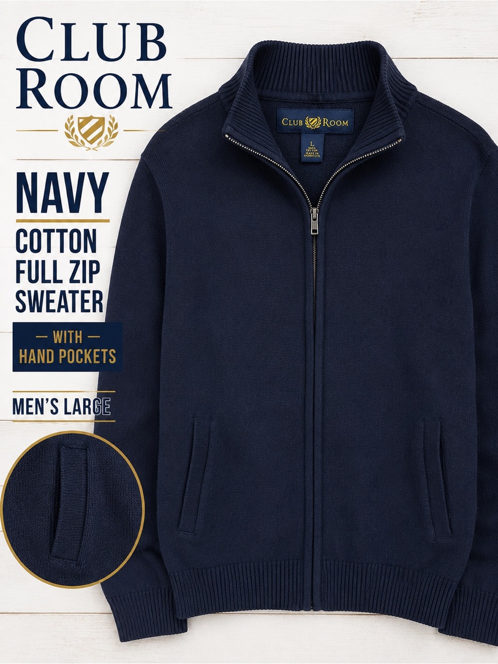 Club Room Navy Cotton Full-Zip Knit Sweater Jacket